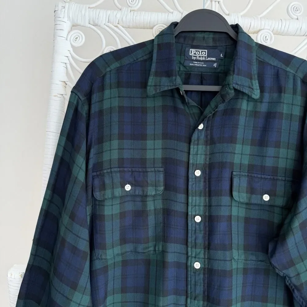 Ralph Lauren Shirt Mens Large Green Blue Tartan Blackwatch Silk Flannel USA Made